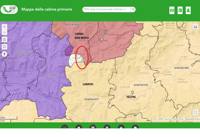 I confini delle cabine primarie e la zona dell'invaso del Vanoi (cerchiato in rosso)